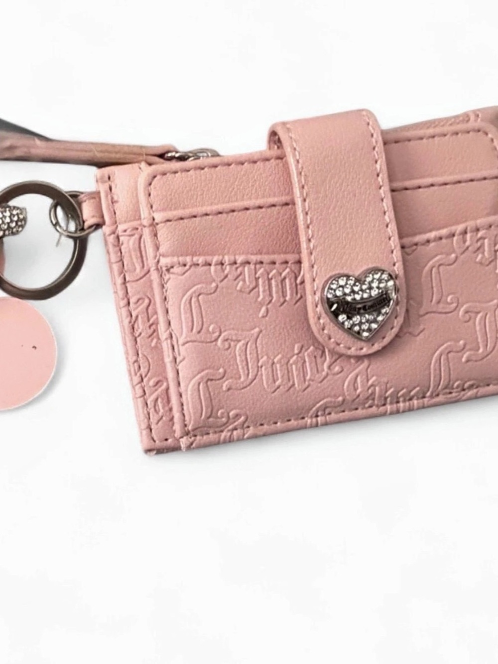 Juicy Couture Debossed Monogram Card Case Wallet with Rhinestone Heart Keychain